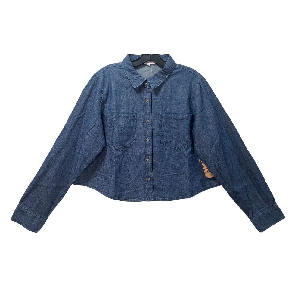 Sweet Envy- Women's Chambray Long Sleeve Button Down Shirt With Pockets- Blue- L